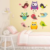 Autocollant Stickers mural enfant kit 6 oiseaux 3 hiboux