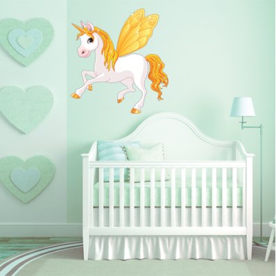 Adesivo Murale bambino unicorno ali gialle