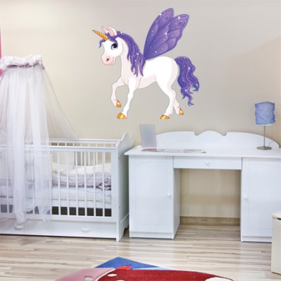 Adesivo Murale bambino unicorno ali lilla