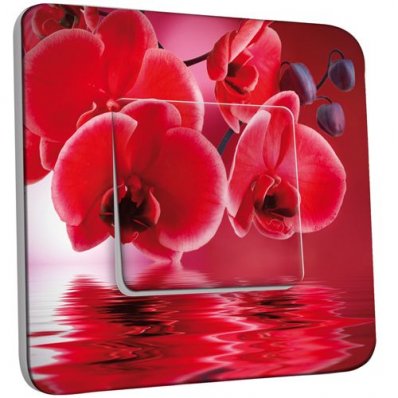 Interrupteur Décoré Poussoir Fleurs Rouges Fond Rouge 