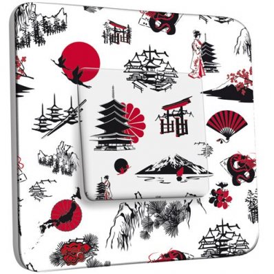 Interrupteur Décoré Poussoir Motif Chinois Black&Red&White