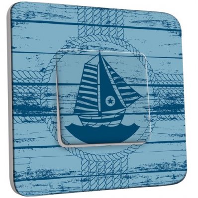 Interrupteur Décoré Poussoir Motif Marin Bleu Bois Bateau