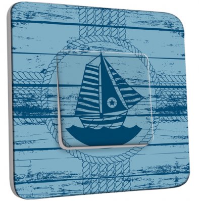 Interrupteur Décoré Simple Motif Marin Bleu Bois Bateau