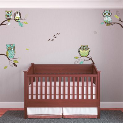 Autocollant Stickers enfant kit 4 branches hiboux