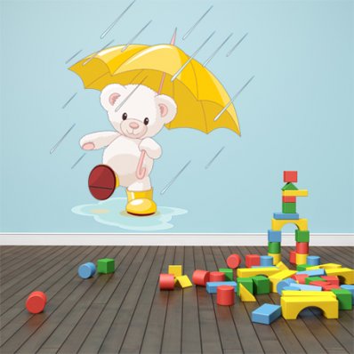 Autocollant Stickers enfant ourson sous la pluie