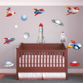 Kit Vinilo decorativo infantil 9 cohetes con 3 planetas